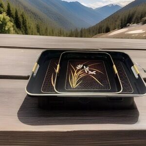 Vintage Japanese Otagiri Style Lacquer Nesting Serving Tray Set Of 2, Floral